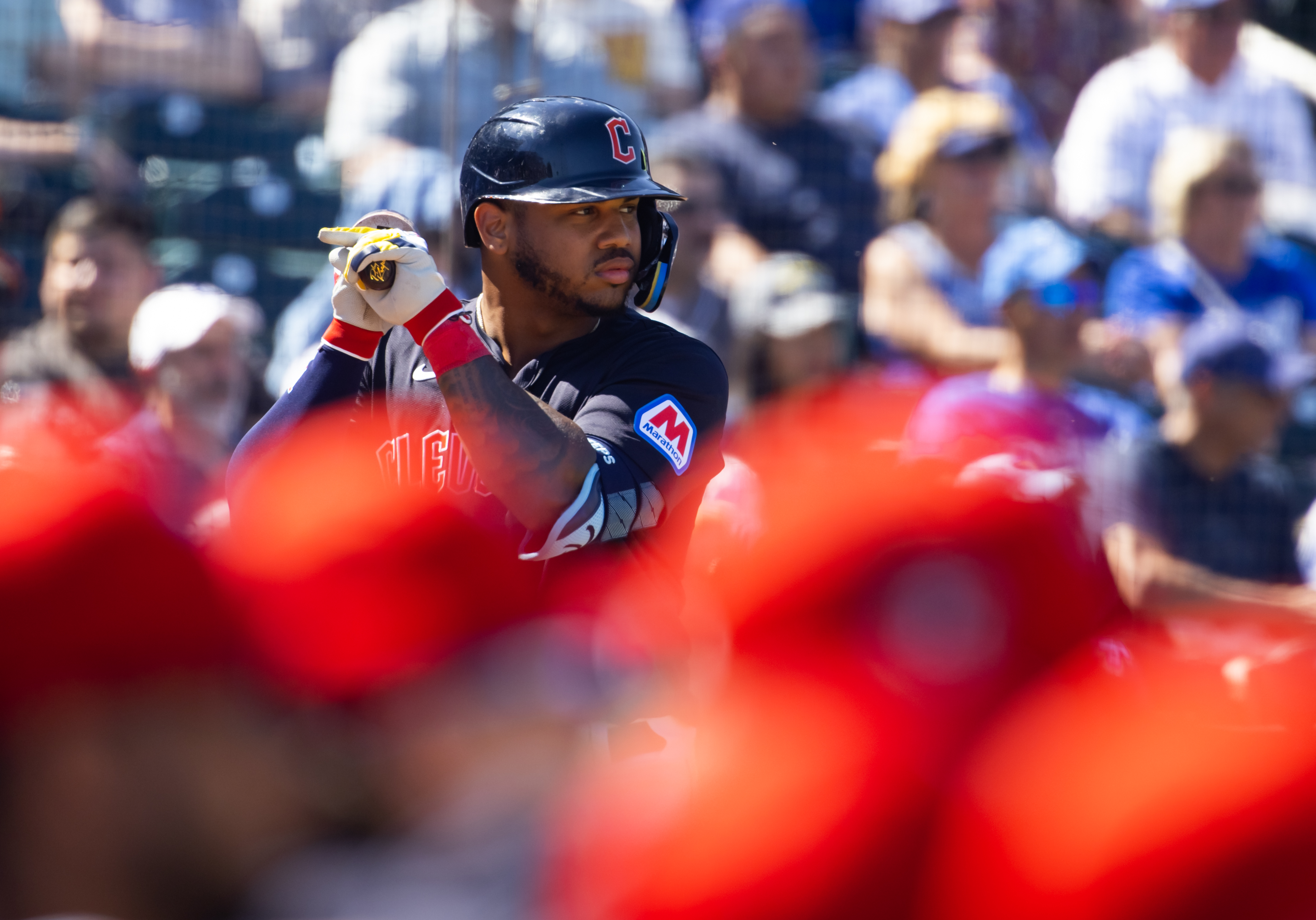 Mar 11, 2024; Goodyear, Arizona, USA; Cleveland Guardians infielder Deyvison De Los Santos (70) against the Los Angeles Dodgers during a spring training game at Goodyear Ballpark.